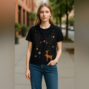 Kim Rogers Christmas vest, reindeer, holiday, festive petite, medium black